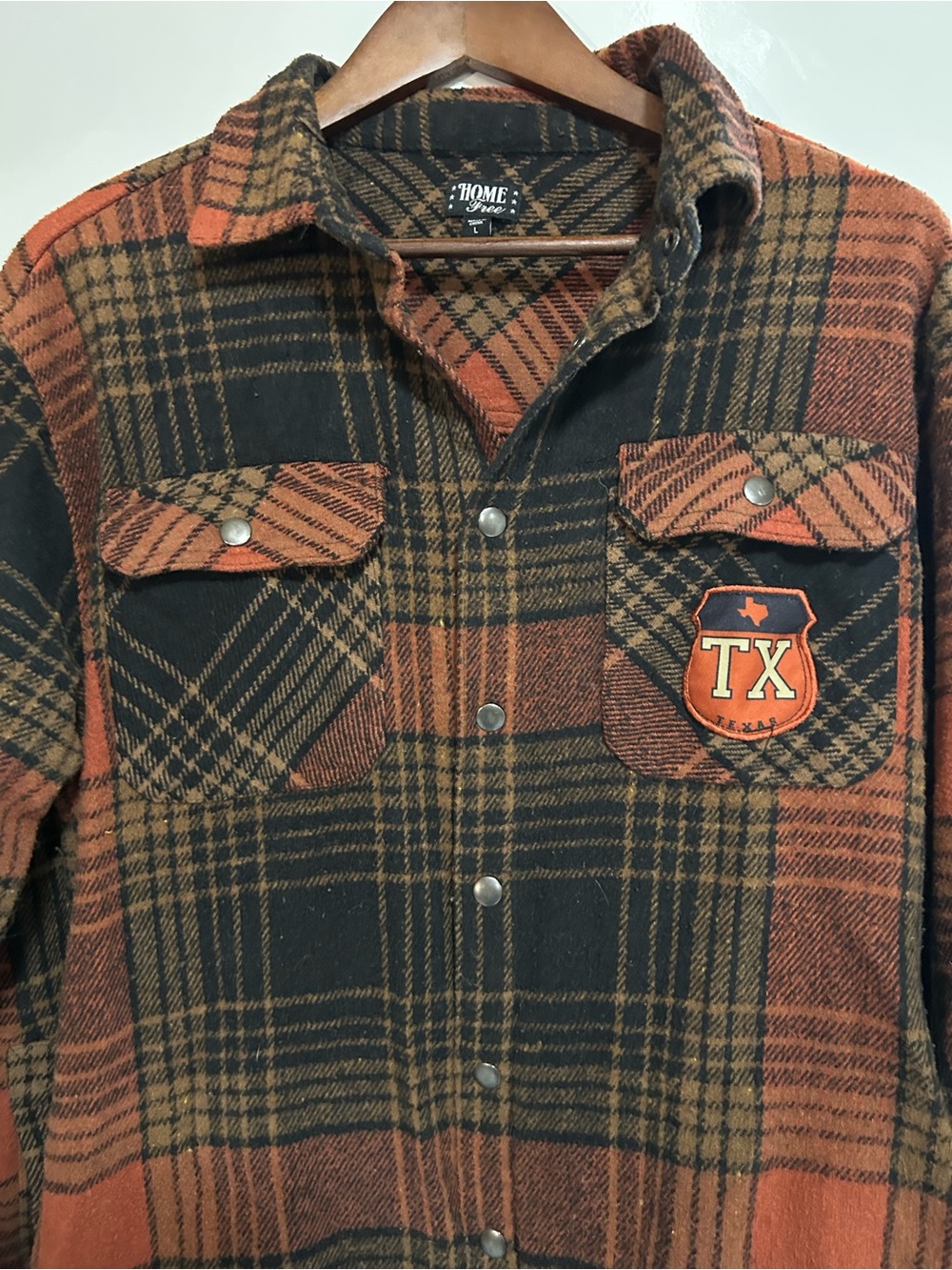 Home Free orange and Black Buffalo Plaid Jacket/Sweater TEXAS Snap buttons